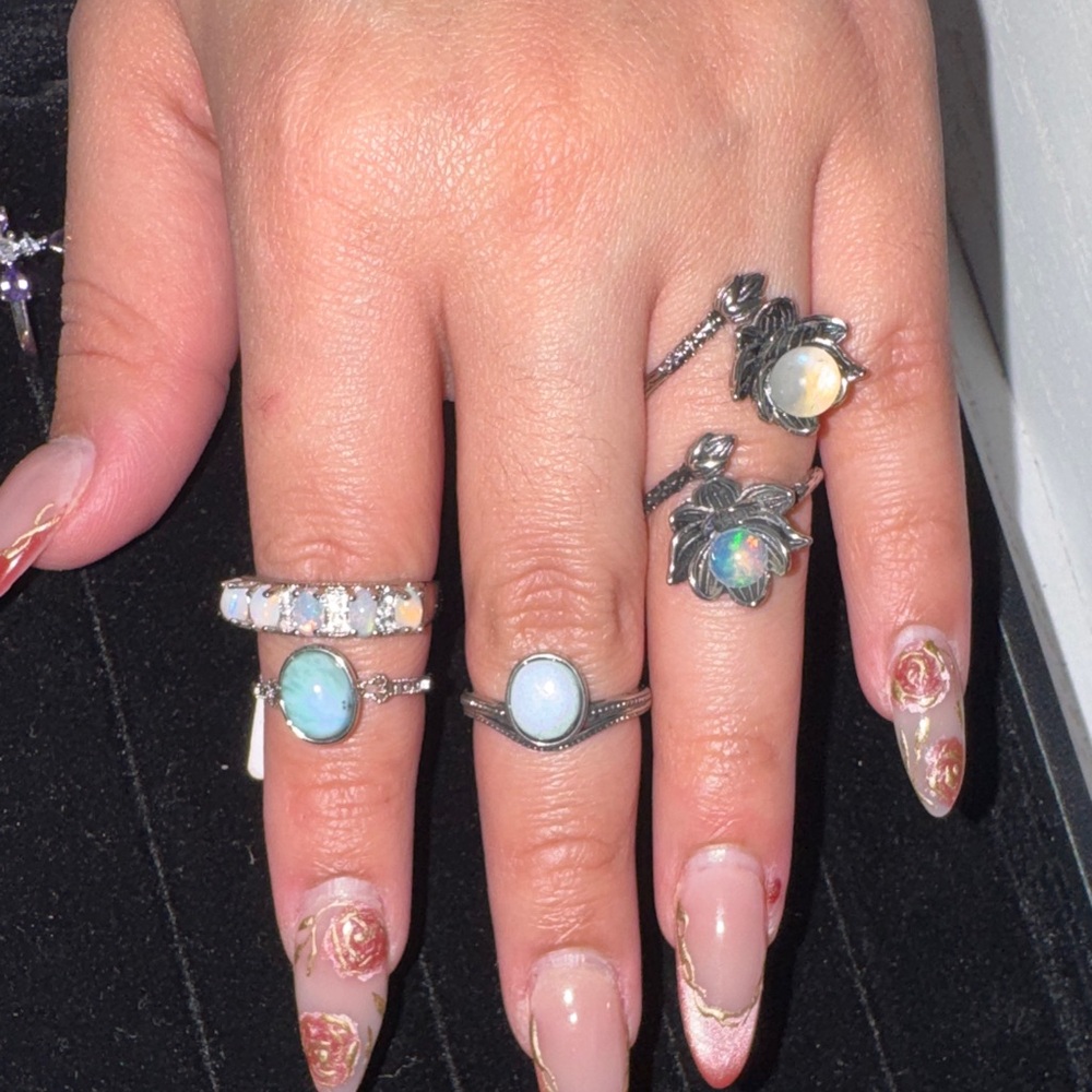 Opal and Silver Leaf Ring Set